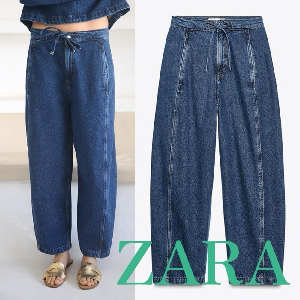 $70 NWT Zara high waisted drawstring jeans in mid wash M